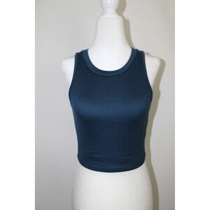 DAZY Women Teal Blue Ribbed Knit Crop Tank Top Crew Neck Sleeveless Size M